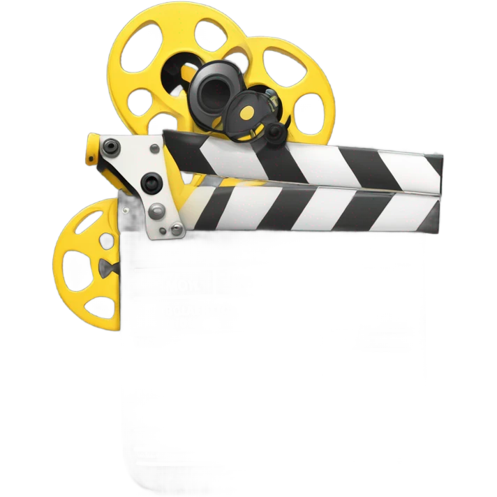 A black and yellow film reel, clapperboard, and movie camera. emoji