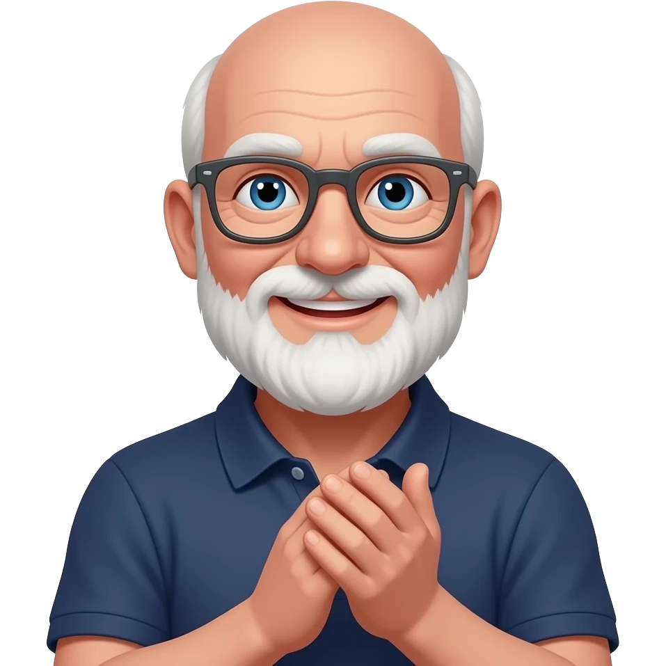 skinny old bald man with white beard with red tint, blue eyes, dark gray glasses, clapping, navy polo shirt, smiling emoji