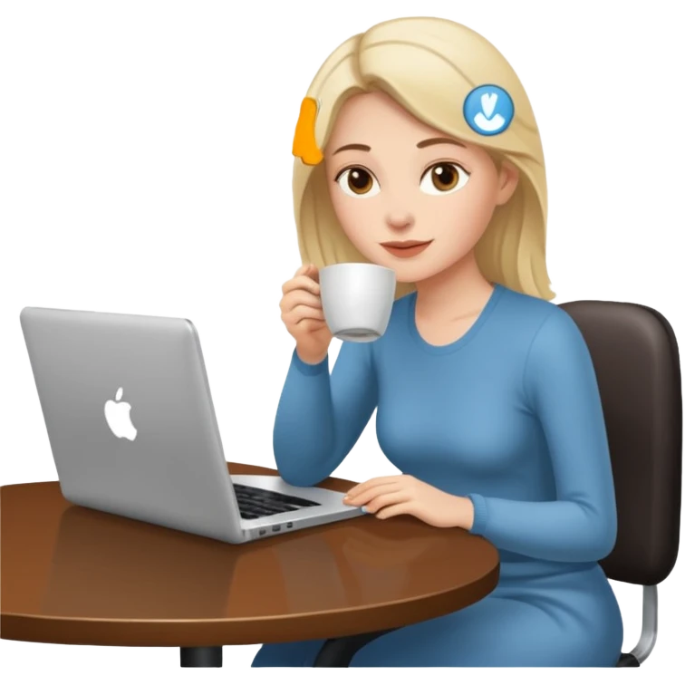 mujer blanca tomando un solo cafe y con un computador sentada en una mesa  emoji