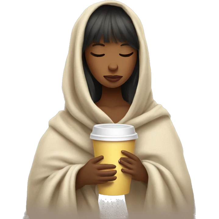 girl with bangs inside a blanket sipping coffee eyes closed emoji