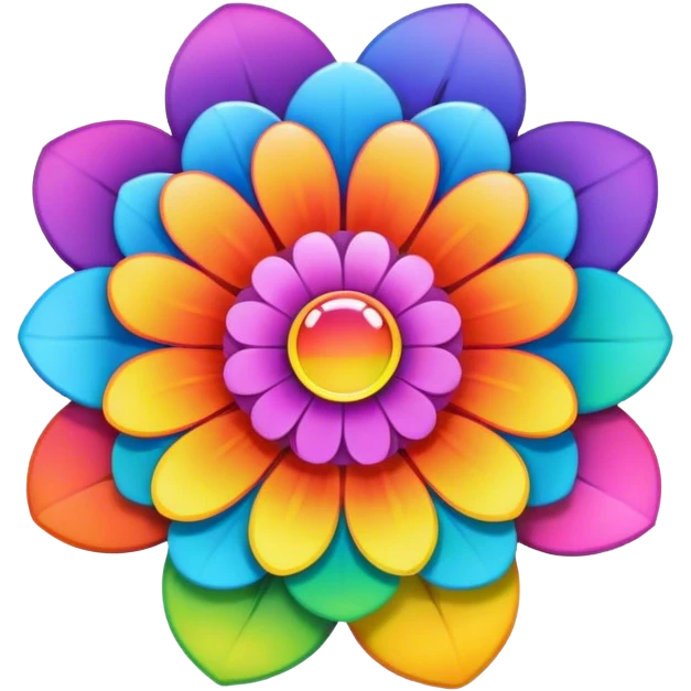 A round psychedelic colored button with a large rainbow colored flower in the center emoji