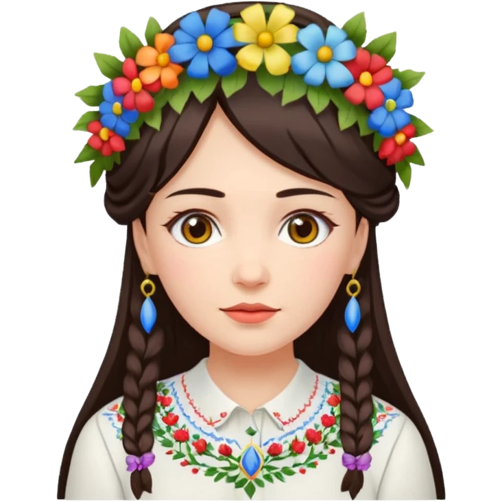 Ukrainian woman in a white embroidered shirt with dark hair in a wreath of flowers with multicoloured ribbons on her head emoji