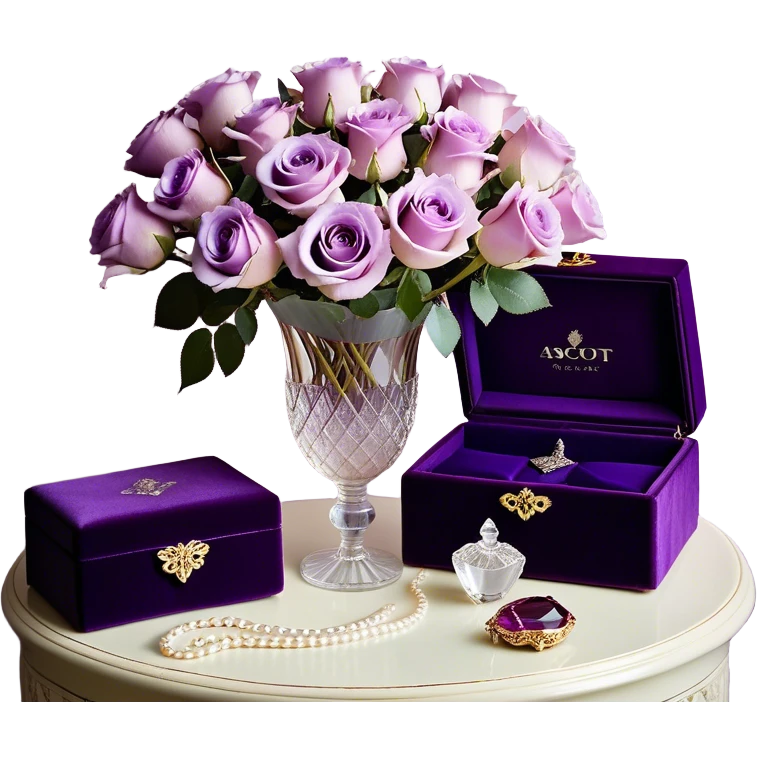 A romantic still life featuring a bouquet of freshly bloomed light violet Ascott tea roses arranged in a crystal vase, accompanied by a deep purple velvet jewelry box partially opened, revealing a pearl necklace inside. A gentle lavender butterfly flutters near the flowers, adding a dreamy touch. An elegant ivory silk ribbon is loosely draped around the arrangement, leading towards an ornate vintage-style perfume flacon in soft pearlescent tones, radiating an air of timeless sophistication emoji