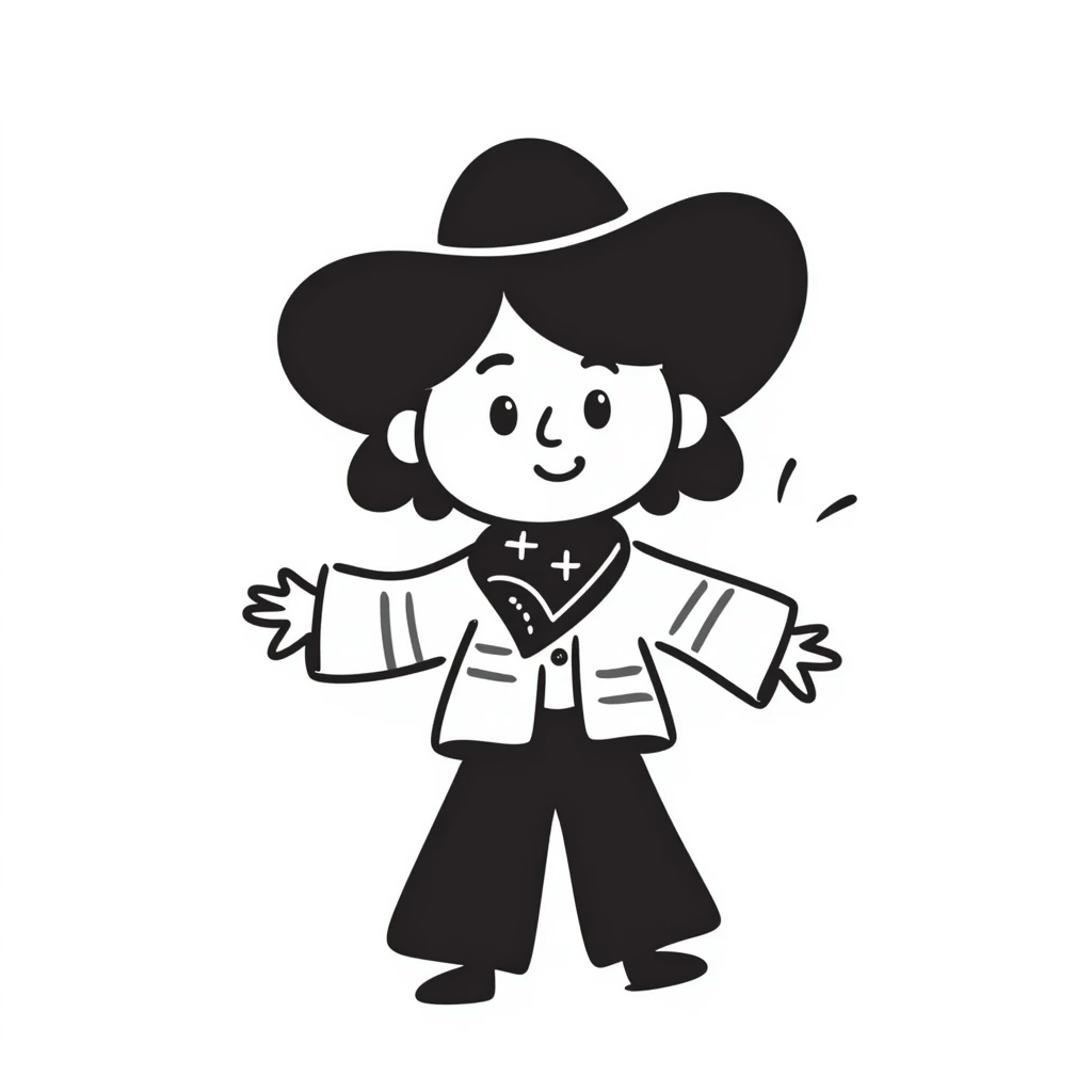A hand-drawn plush cowgirl toy with a bandana, hat and a cute smile emoji