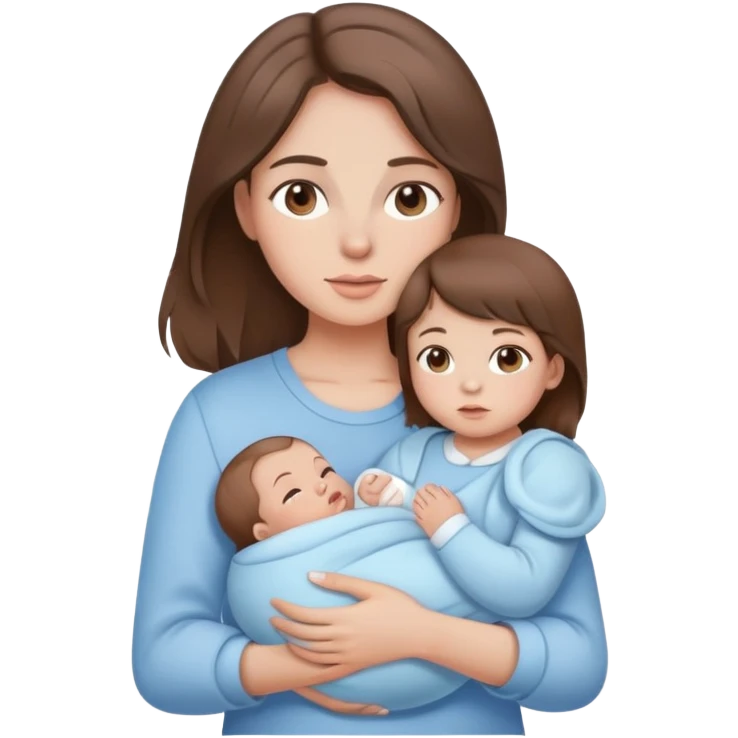 brunette girl with brown hair wearing pastel blue clothes holding a baby emoji