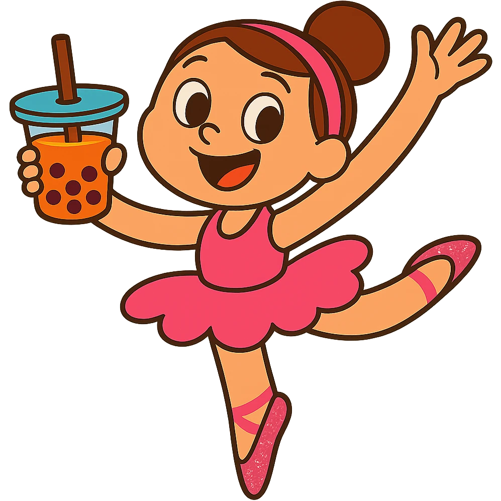 Add pink sparkly pointe shoes to the ballerina, keep the vibrant toon style, with no background. emoji