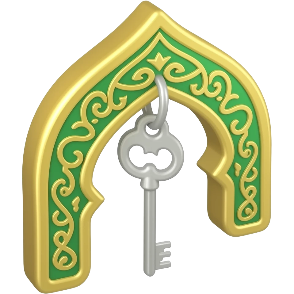 3D isometric ornate key icon, Islamic arch handle.
Minimalist professional style, emerald green & gold accents.
Soft studio lighting, 8k Octane render, ray-tracing detail.
Isolated on white background, premium literary aesthetic --v 6.0 emoji