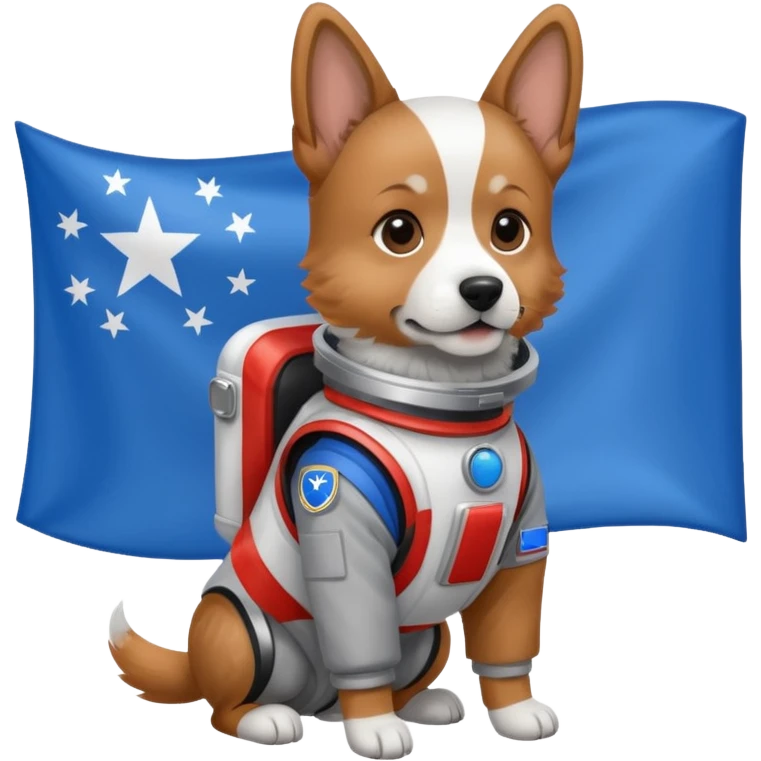a dog in space suit, holding blue rectangle flag emoji