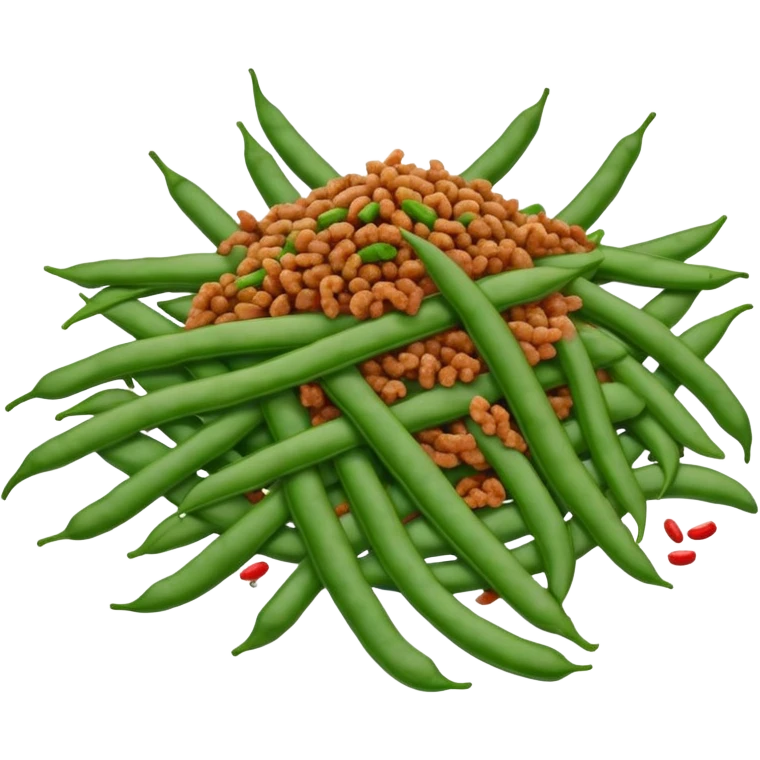 Dry Fried String Beans with minced pork and spices, simplified emoji style with bold outlines and bright colors, cartoon style Gan Bian Si Ji Dou emoji