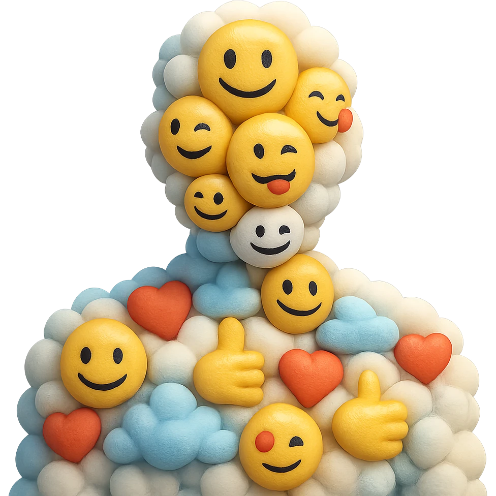 person composed entirely of volumetric emoji clouds, shoulder view, looking straight ahead emoji