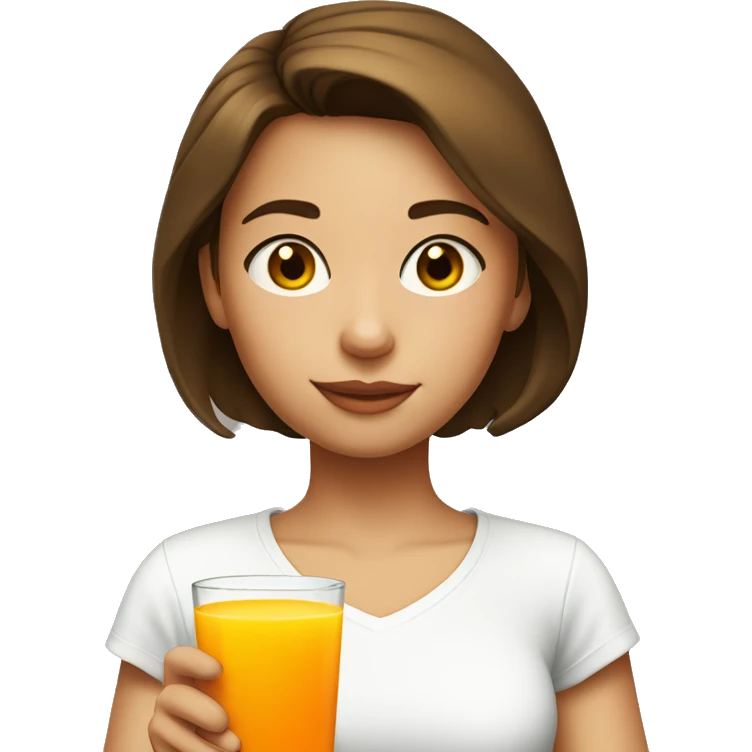 A girl with short brown hair wearing a white t-shirt, drinking orange juice and a glass emoji