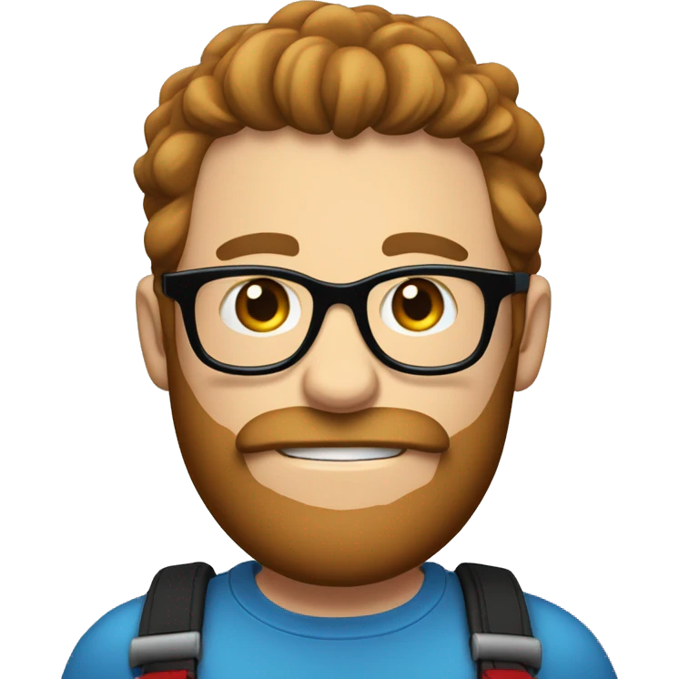 Heavy caucasian young dad, with a blue shirt, with a big brown beard and black rectangle glasses and brown hair he’s holding a red balloon animal  emoji
