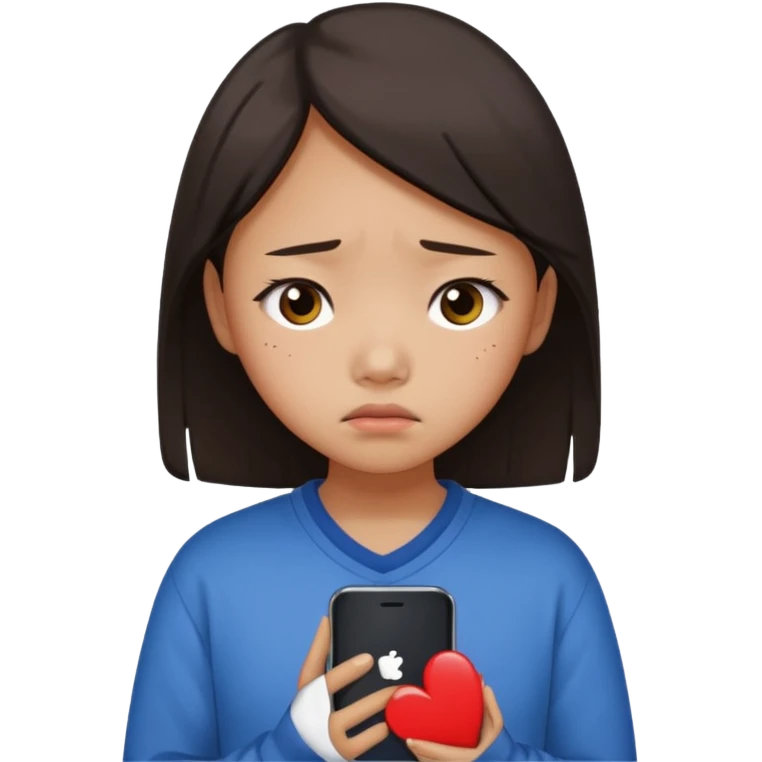 chinese teenage female having Heartbreak - feeling of deep sadness when love ends - holding cellphone emoji