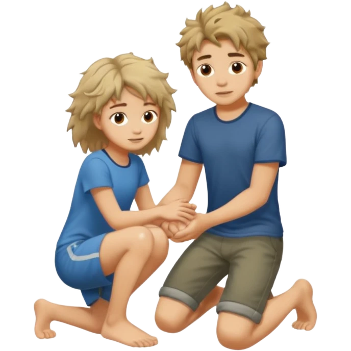 barefooted boy with messy hair putting his foot on a kneeling girl emoji