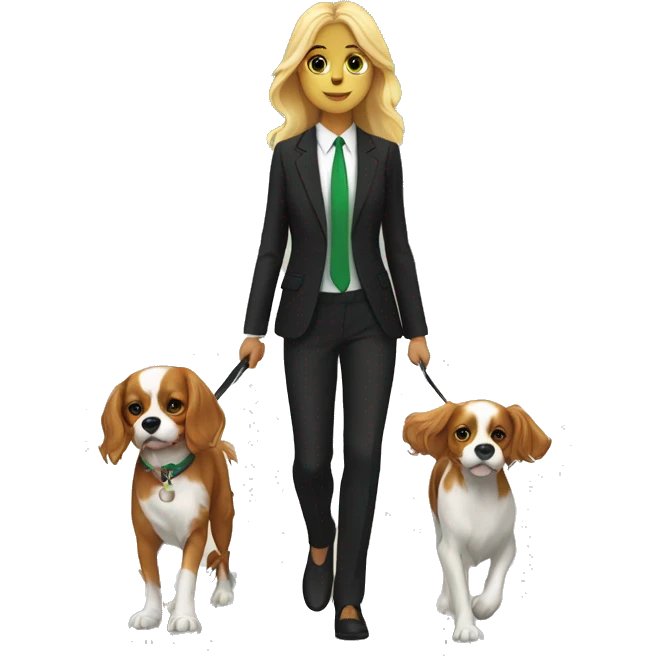 Blonde girl with green eyes going for a walk in suit with cavalier King Charles spaniel  emoji