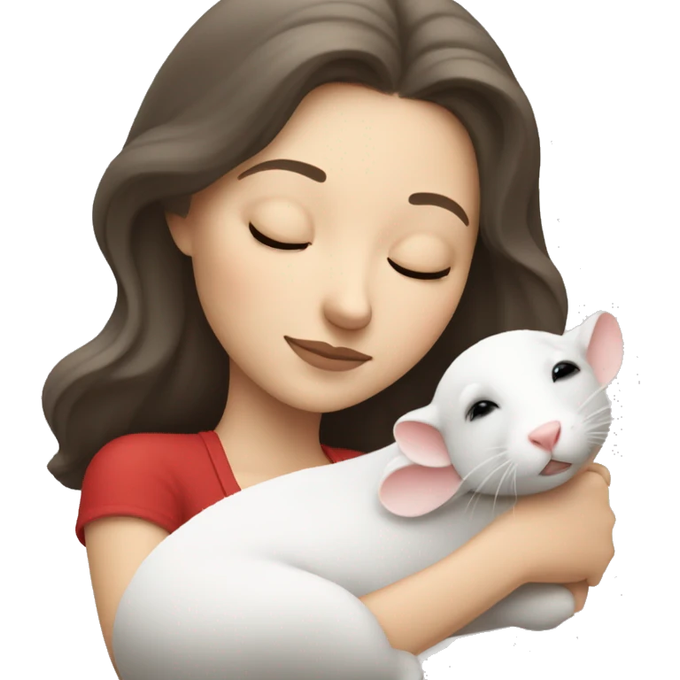white brunette sleeping woman cuddling with one small white rat with red eyes emoji