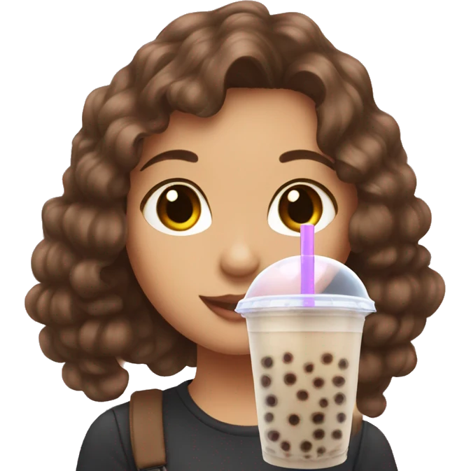 girl with brown hair indoors drink bubble tea emoji