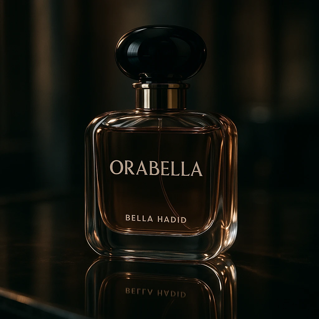 cinematic, realistic 3D rendering of the Orabella fragrance bottle by Bella Hadid, on a reflective surface, sophisticated atmosphere emoji