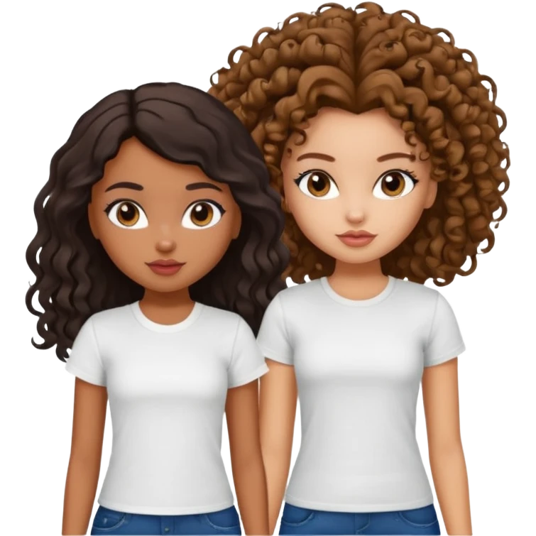 2 pretty bratz fair girls. One has straight brown hair and is tan, wearing a white tshirt. One is fair with curly black hair, wearing a black tshirt  emoji