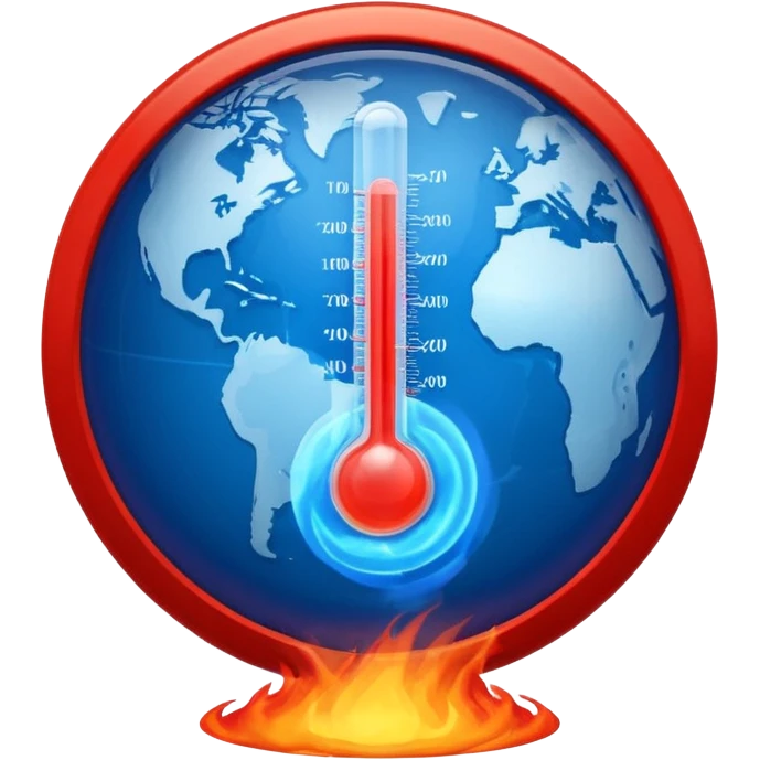 Blue Earth sphere, tilted. Prominent, oversized, fiery red thermometer/gauge, embedded. Indicator peaking 'danger' zone. Stylized orange/red heat waves/wisps rising from top half. Strong blue/red contrast emoji