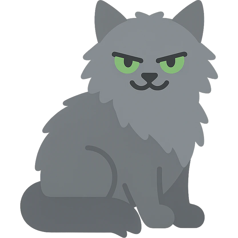 grey fluffy mischievous cat with green eyes, color icon style emoji