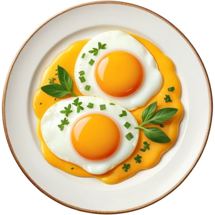 Cinematic sunny-side-up eggs, perfectly cooked with glossy yolks, crispy golden edges, sprinkled with fresh herbs, served on a rustic plate, bright and inviting, highly detailed and appetizing. emoji