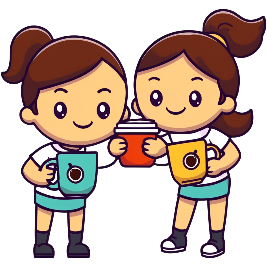 Two girls smiling, holding one coffee cup together emoji