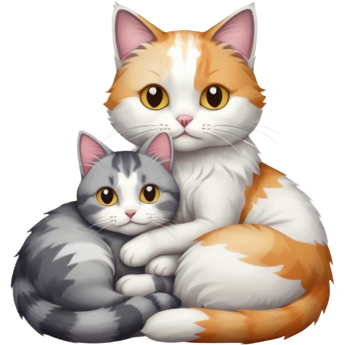 full body colourful light patched calico + white tabby cat cuddling a grey and white cat  emoji