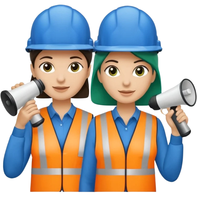 Duas pessoas com capacete de obras azul e um megafone na mão e camisa social cinza com faixas reflexivas verdes nos braços. Deve ser um homem e uma mulher. Os dois capacetes devem será azul escuro. emoji
