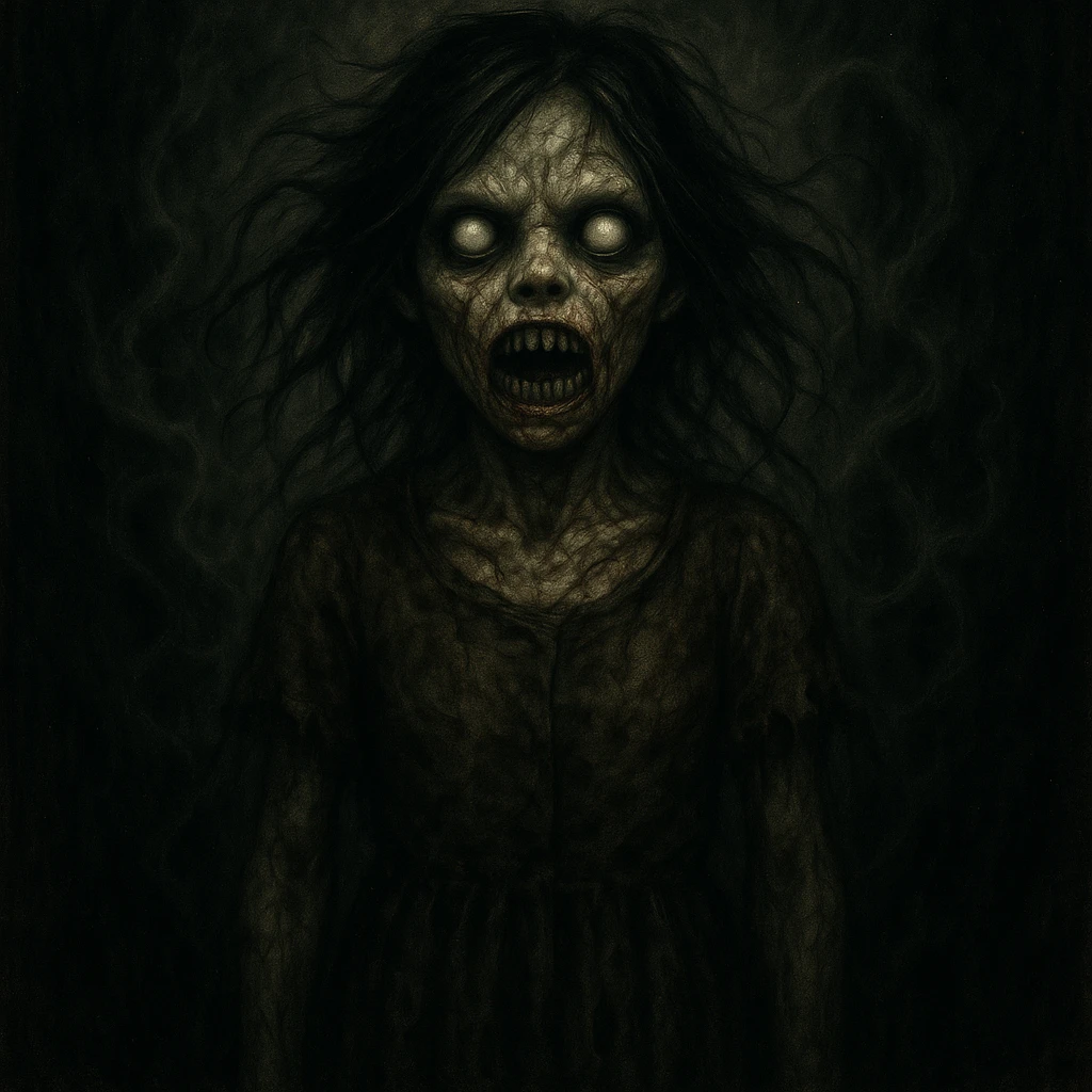 Make the creepy girl much scarier with disturbing features, intensify the horror atmosphere, and create a more unsettling expression in a horror style. emoji