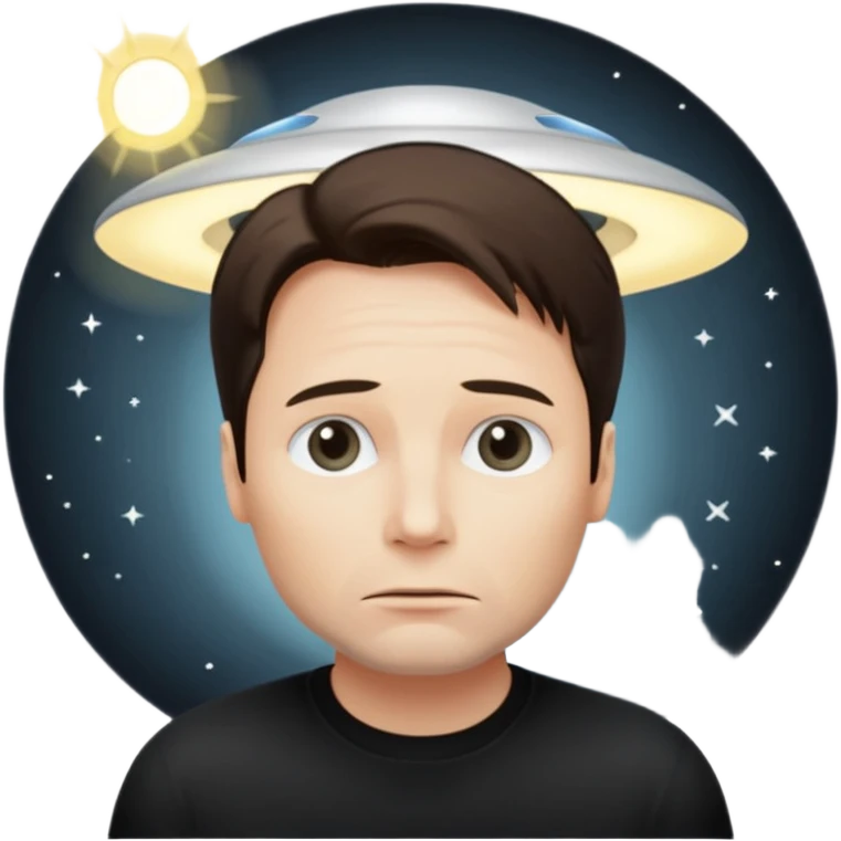 Mulder from the x-files looking very very worried (not trusting anyone today) while wearing a dark t-shirt. A beam of light from a UFO illuminates him emoji