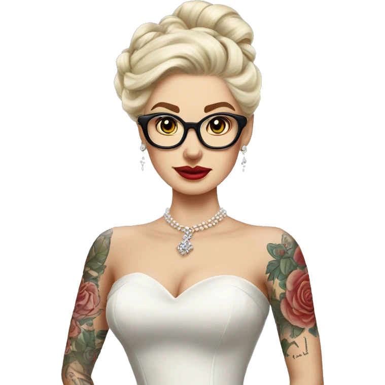 White Blonde hair up bride with tattoos glasses vintage dress emoji