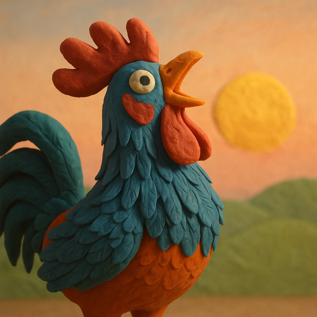 rooster crowing at sunrise, vibrant colors, soft lighting, detailed feathers in claymation style emoji