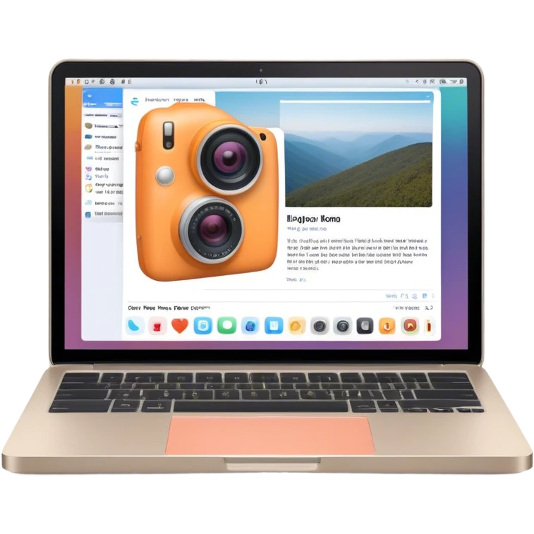Create an emoji of blogging. The design should feature an open laptop or tablet with a visible blog post on the screen, showing text. Add a photo or video camera to symbolize multimedia content creation. Use modern, professional colors. No smiles. Make the background transparent. emoji