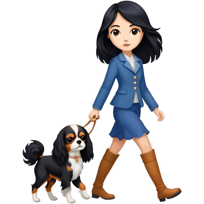 A girl with long black hair walking a Cavalier King Charles Spaniel emoji