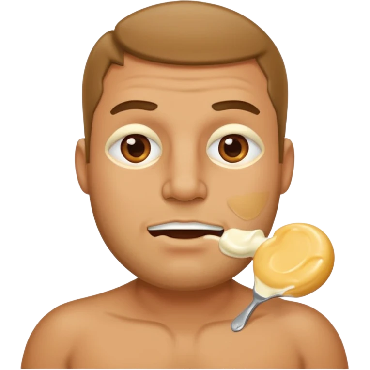 Stocky Tan man with cream on cheek mouth and chest emoji