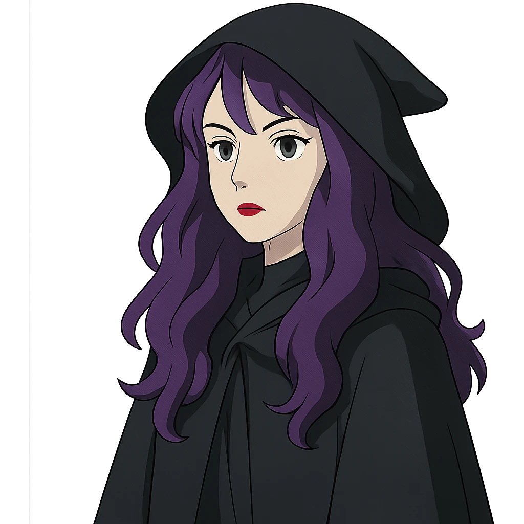 gothic woman with purple hair, witchy touch, wearing a black cloak, ghibli style emoji
