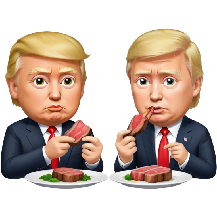 photorealistic Donald Trump and Putin eating a steak shaped like an piece of land emoji