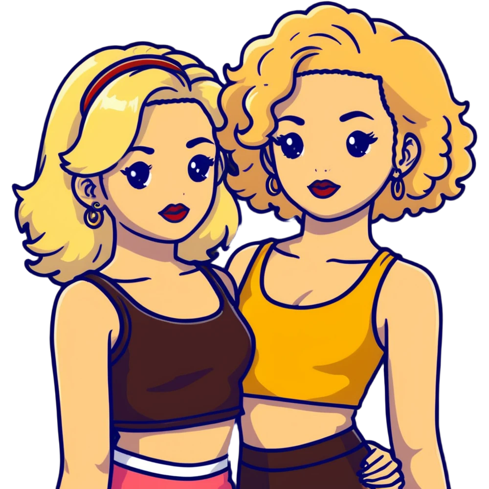 Two teenage girls together, one white with straight blonde hair and one brown-skinned with curly dark hair, both with heavy makeup, big lips, crop tops, gold jewelry and flashy choni style outfits emoji