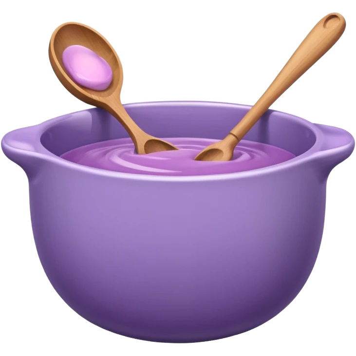 a lilac ceramic mixing bowl with a wooden spoon stirring emoji