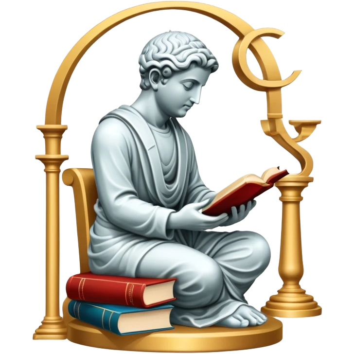 An icon featuring a Thinker statue, a scroll, symbolizing philosophy. The design includes books and abstract symbols representing deep thought and wisdom. Transparent background highlights the study of ideas, logic, and existential questions emoji
