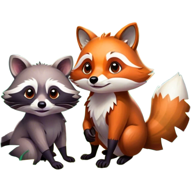 Collage of a raccoon and a fox, in close-up, surrounded by a colorful forest with rich green trees, thick bushes, and vibrant foliage. Sunlight peeks through the branches, casting warm light on the animals. A lively, natural setting with a transparent background. emoji