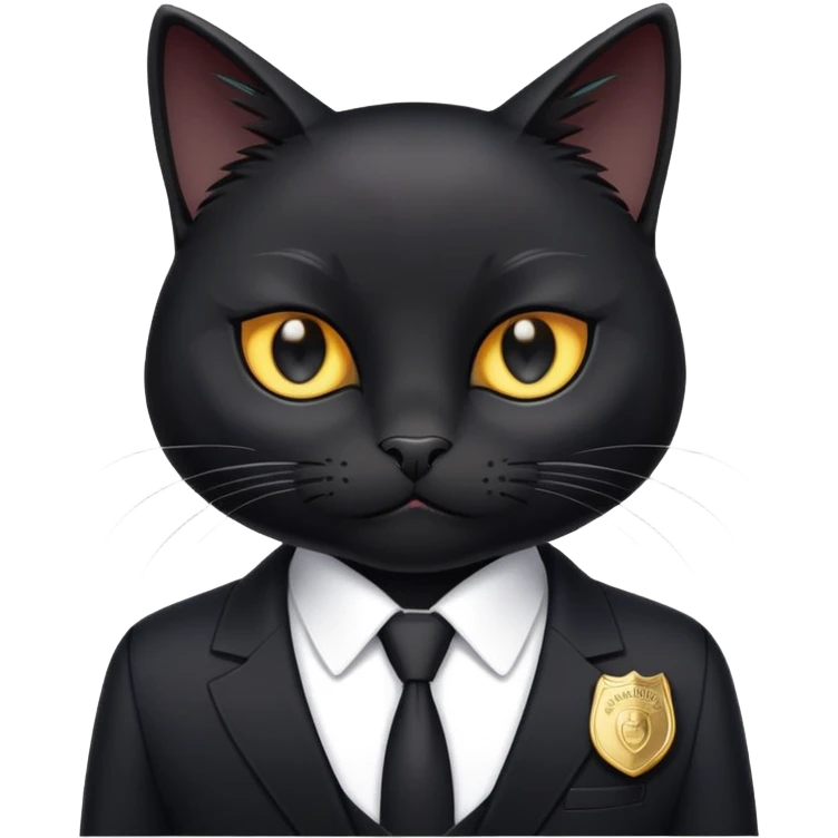 A black cat in a black suit and a badge with the inscription "PrimeCopy" emoji