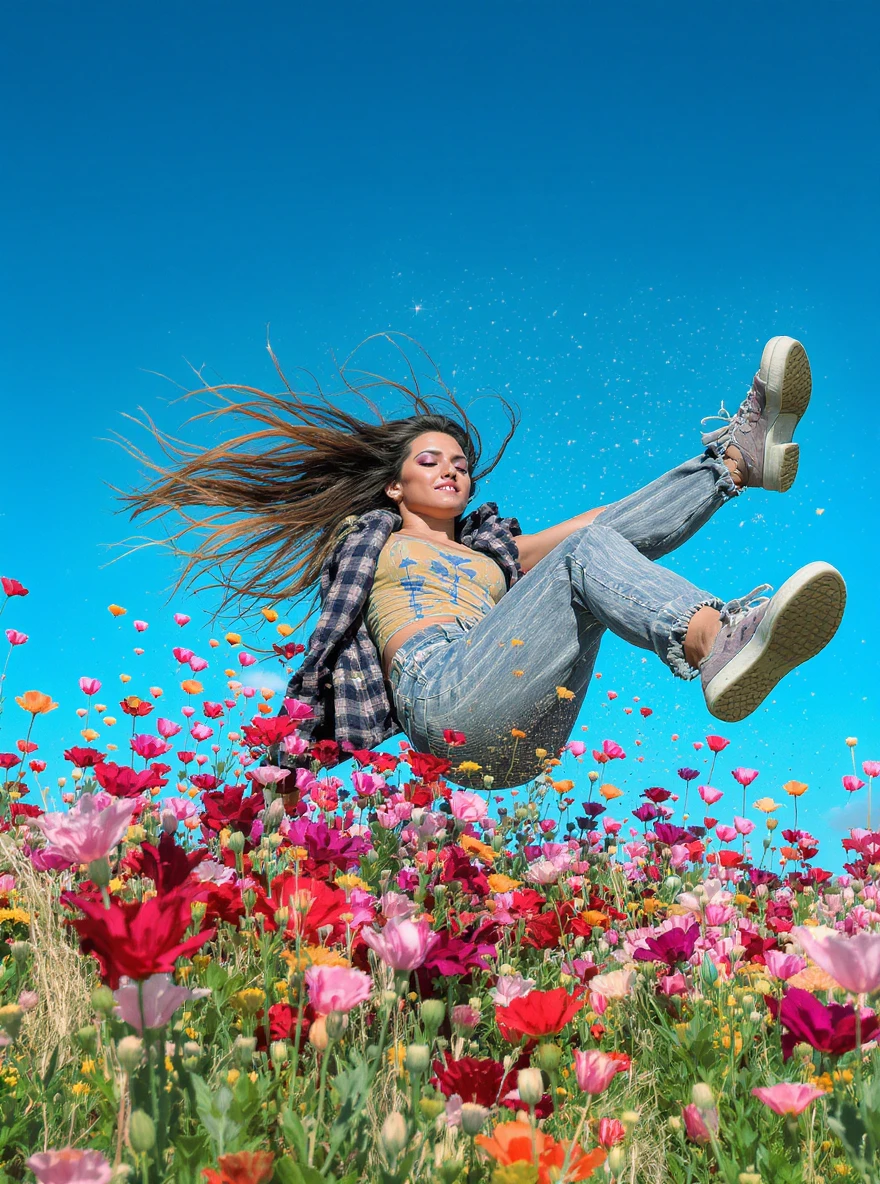 Closeup photo of a woman falling down (almost hit the ground) around colorfull flowers wearing alternative fashion, blue sky minimalistic background emoji