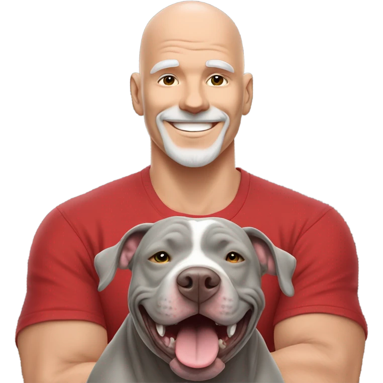 large gray male pit bull smiling and hugging bald white mature man with red tshirt emoji