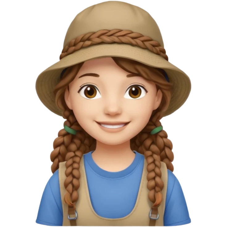 a young student girl with the backpack with bucket hat, brown wavy braided hair emoji