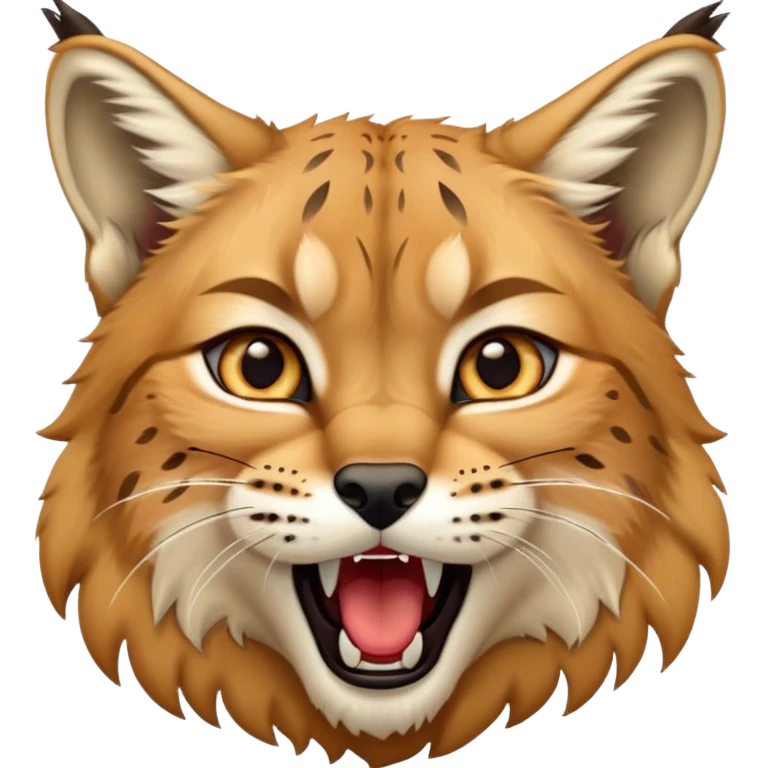 Cinematic-Cute-Yawning-Lynx-Portrait-Emoji – Head tilted slightly with a dramatic, wide-open yawn, revealing a dense golden-brown fur coat with subtle spots, signature black ear tufts standing tall, round amber eyes barely open in drowsy contentment. emoji