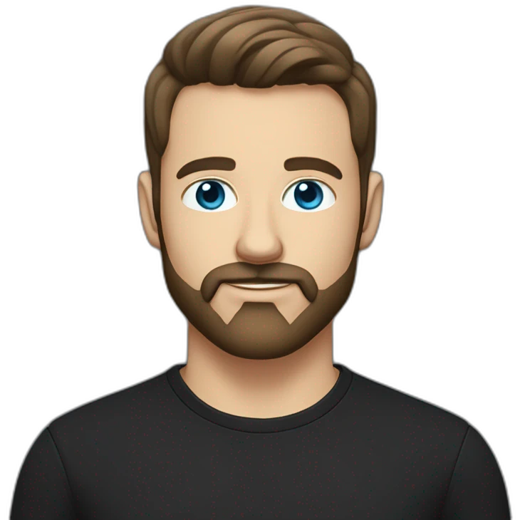 White man with blue eyes and dark brown hair, styled sideways backwards. He has a beard and mustache trimmed and wears a black t-shirt. emoji