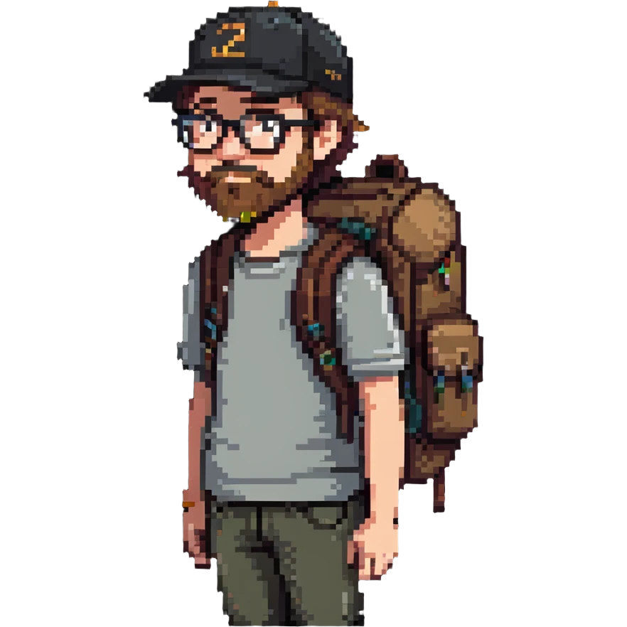 adventurer with goatee beard (no beard on cheeks), short hair, glasses, backwards baseball cap and backpack emoji