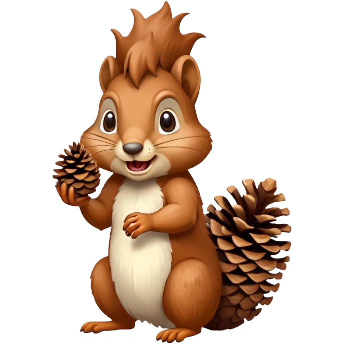 Greedy squirrel with a big pine cone balancing on its head, showing a strange creepy expression, hungry looking emoji